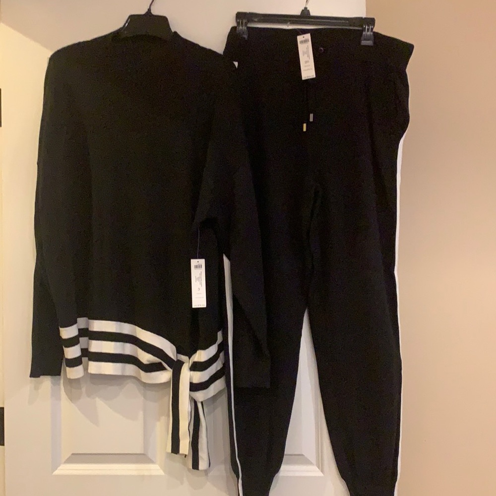 Mock neck jogger set with white stripe detail. “New” with tags.